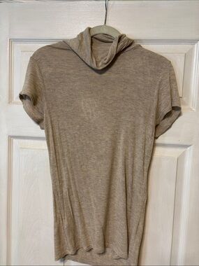 Elan M Neutral Taupe Short Sleeve Cowl Top